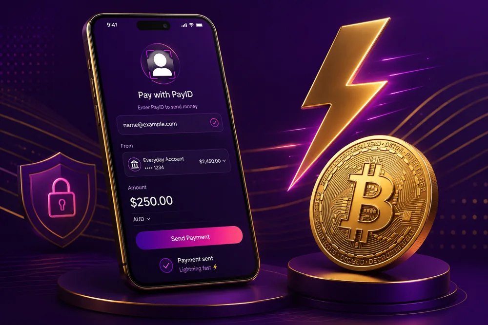Ricky Casino banking: PayID on a phone and a Bitcoin coin with a lightning bolt